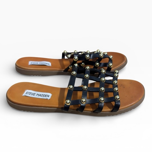 Steve Madden Skyler Black Studded Cage Slide Sandals Size 9 Gold Studs - Picture 3 of 9